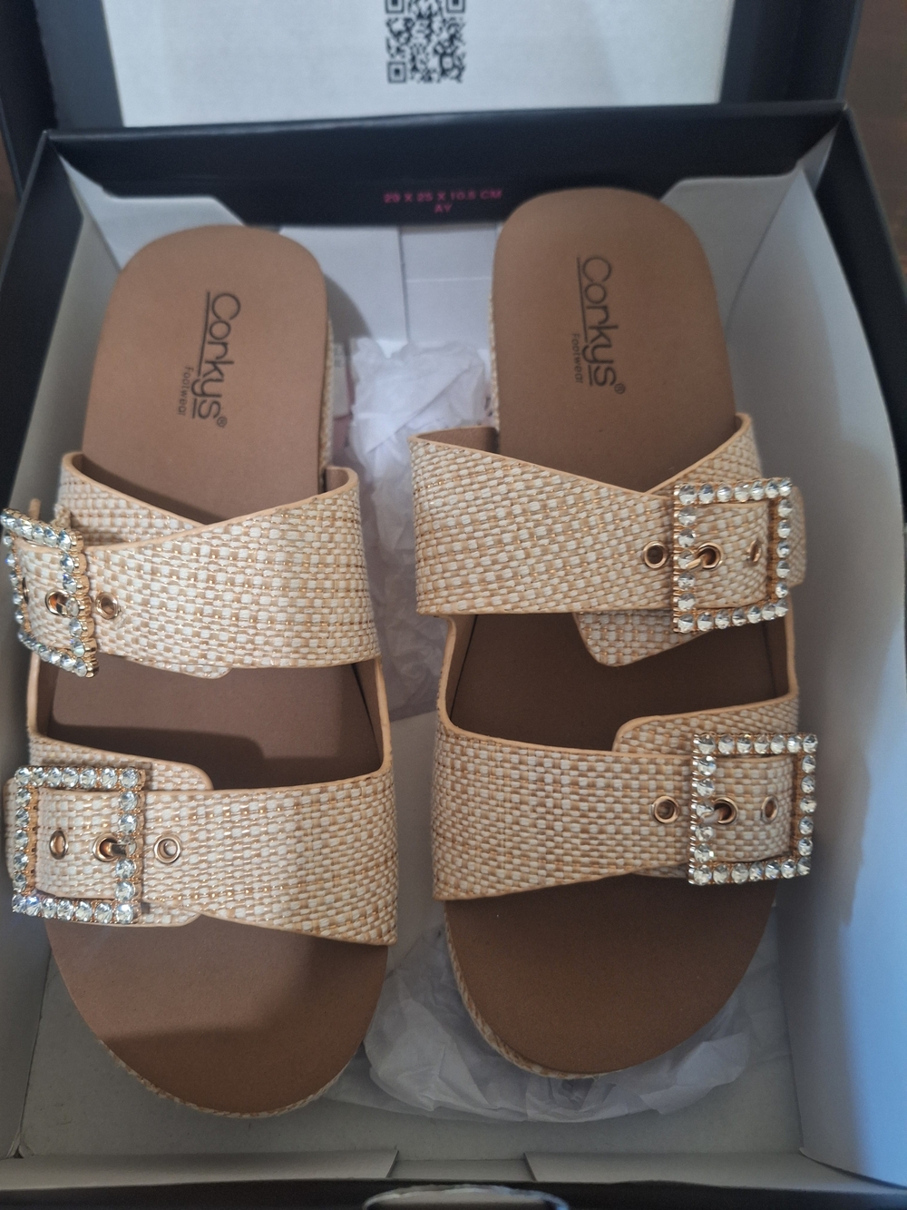 Corkys Women's Beige Raffia Woven Slide Sandals with Jeweled Buckles
